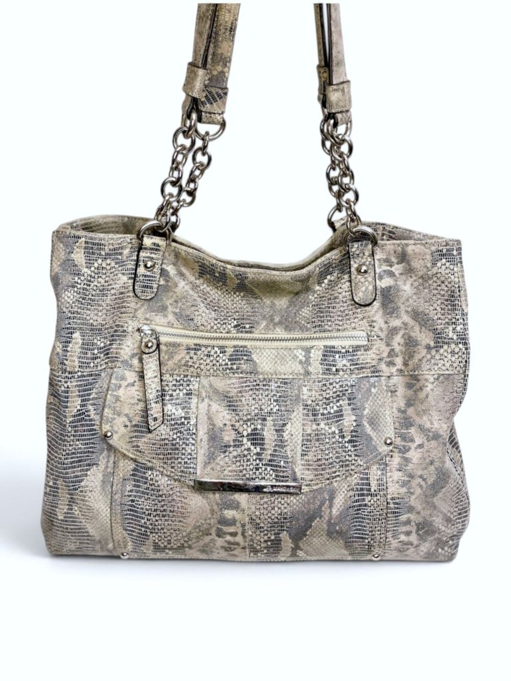 B. Makowsky Snakeprint Leather Slouchy Shoulder Bag Lg Tote Silver Chain